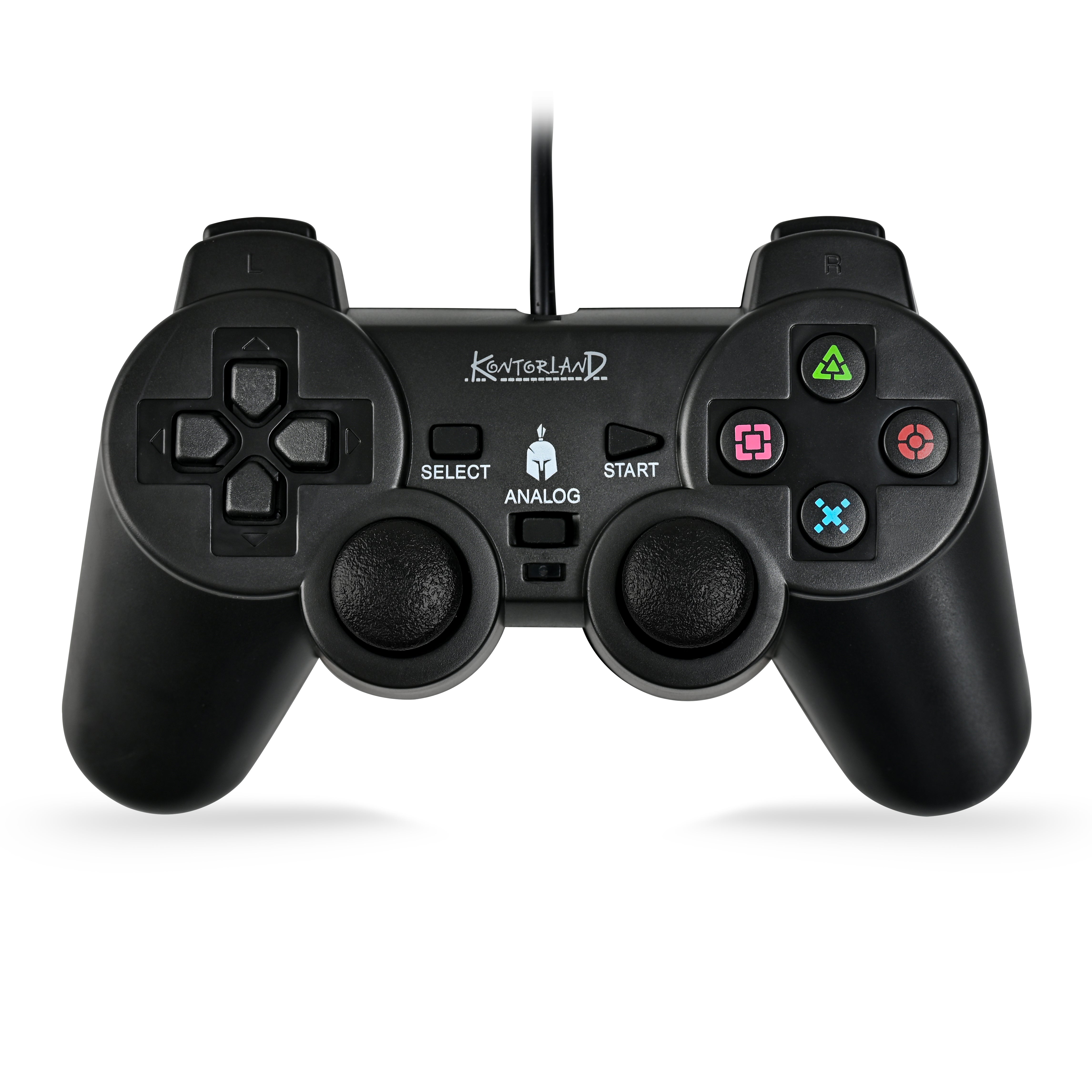 Kontorland PS2 uyumlu, kablolu titreşimli oyun kolunun ergonomik ön tasarımı.